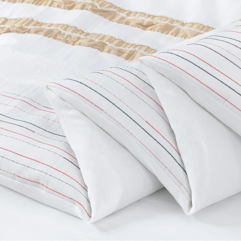 White Comforter with Tan Stripe Detailing - Elegant Layered Comfort - Picture 5 of 5